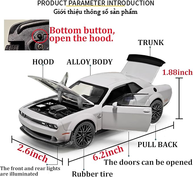 Toy Car Challenger Hellcat 1/32 Alloy Model Car with Light and Sound Collectible Model Cars Pull Back Toy Vehicles for Boys Children Age 3 + Year Old (Gray)
