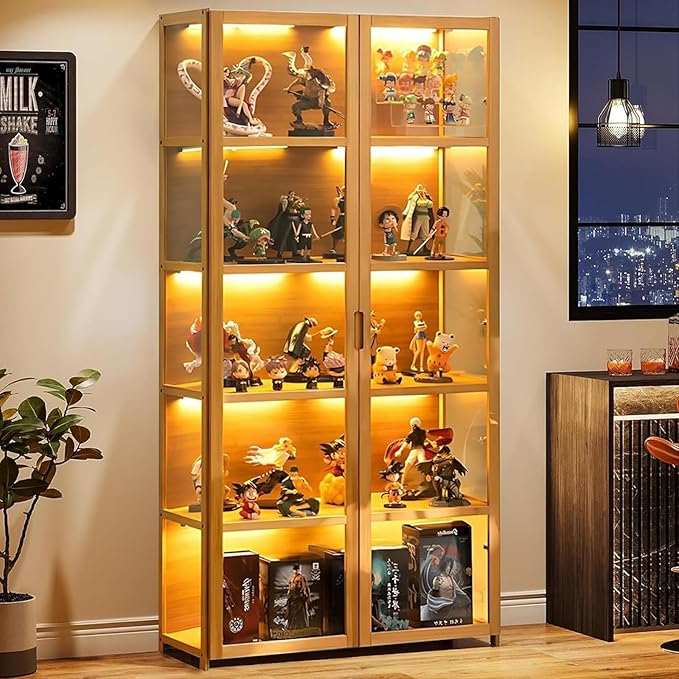 5-Tier Curio Display Cabinet with Acrylic Doors - 64” Transparent Display Case for Figures, Display Shelves for Collectibles & Storage Cabinets for Home, Office, Playroom, Living Room, Brown