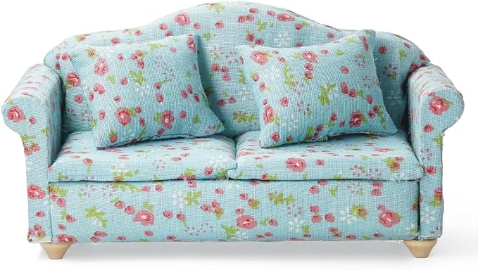 Odoria Dollhouse Couch Miniature Loveseat - 1/12 Scale Upholstered Sofa with Pillow Country Rustic for Living Room - Mini Settee Recliner Reading Furniture - Tiny Chaise Lounge Wood Floral Blue