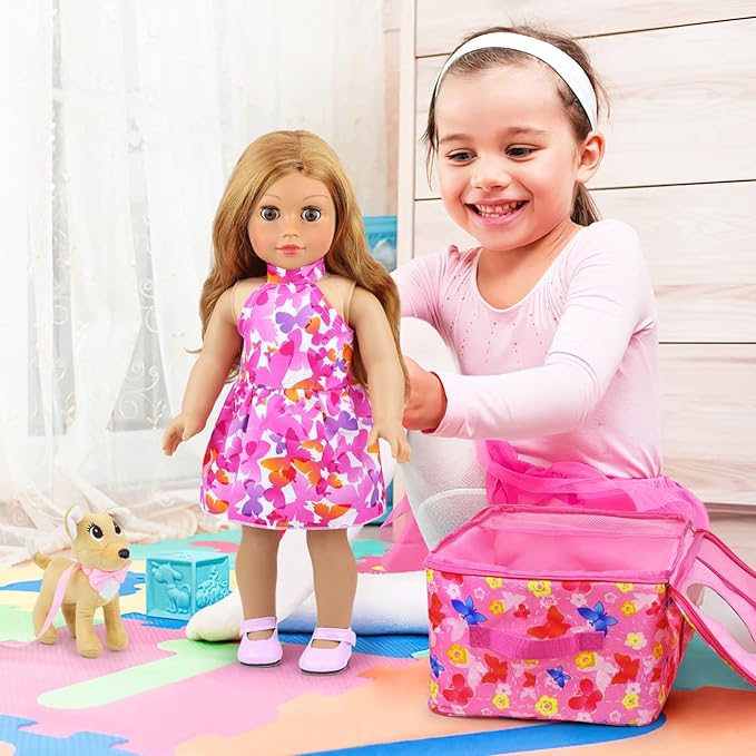 ZITA ELEMENT 18 Inch Girl Doll Backpack Butterfly Design Carrier Bag with Clothes and Accessories Including 18 Inch Dolls Clothes, Shoes, Sunglasses and Toy Dog