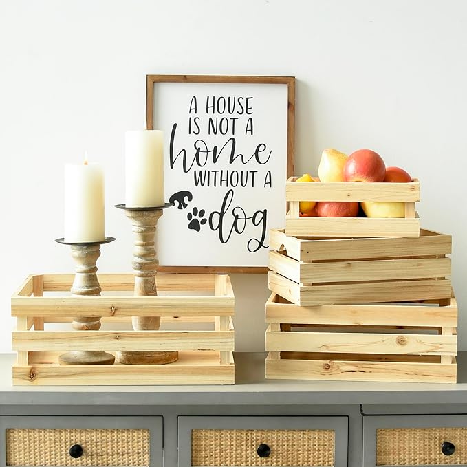 Large Wooden Crates Unfinished Set of 4 Decorative Storage Box with Handles, Rustic Farmhouse Wooden Crates for Display, Living Room Container Basket Box for Kitchen, Pantry, Bedroom