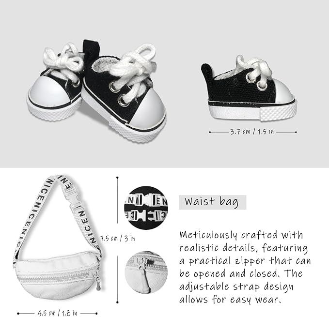 Clothes for 6.7in/17cm Dolls (Without Dolls) Sets and Accessories,6PCS (hat + Glasses + t-Shirt + Jeans + Chest Bag + Shoes), Collectors and As Gifts. (Black and White Stripes)