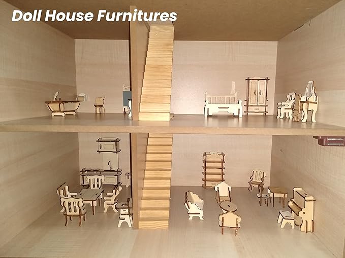 BOHS 34-Piece Dollhouse Furniture Set -1/24 Scale, Laser Cut Wooden 3D Puzzles - Miniature Doll House DIY Models and Accessories