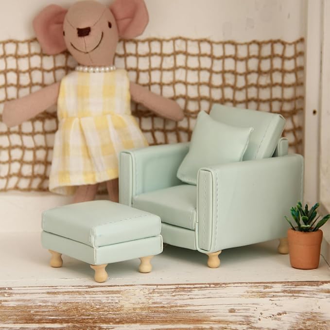 Miniature Dollhouse Sofa 1:12 PU Leather with Cushions&Ottoman – Fit 1/12 Scale Furniture and Accessories for Doll House Décor and 3 to 6 inches Doll Figure (Light Blue)
