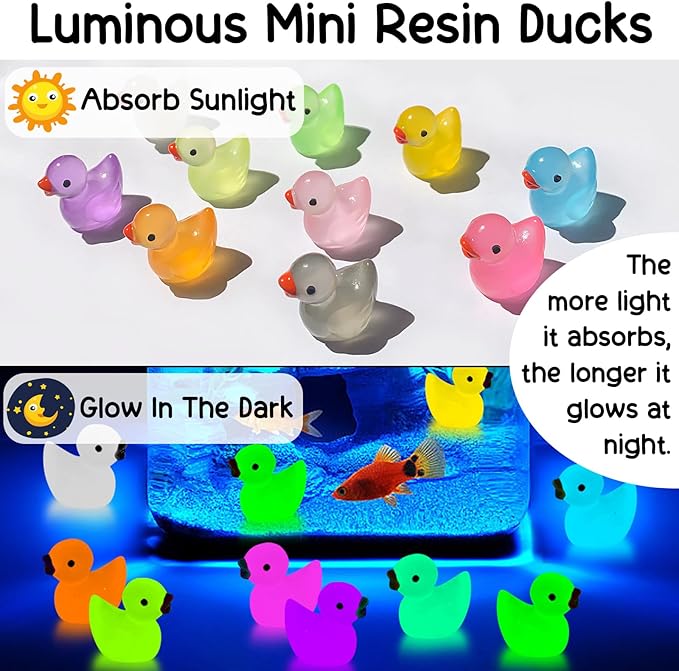 1000Pcs Luminous Mini Resin Duck Tiny Duck Figurine for Fairy Garden Landscape Aquarium Potted Plant Prank Game DIY Ornament Party to Hide, Miniature Dollhouse Accessories, Glow in The Dark, 10 Colors