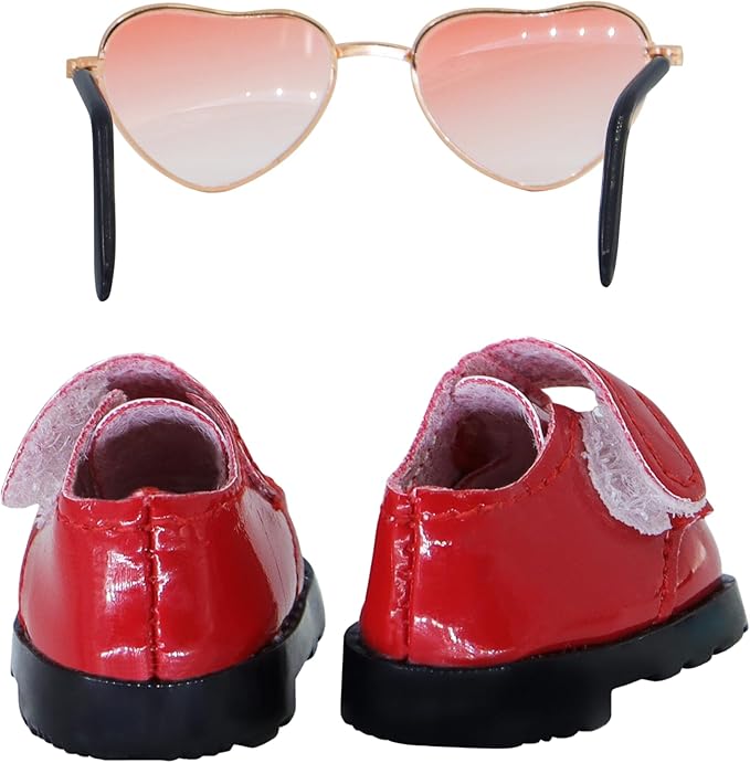 Suitable for 17cm Doll Trendy Small Leather Shoes Paired with Heart Shaped Sunglasses Cute Outfit Two-Piece Set (Brilliant red)