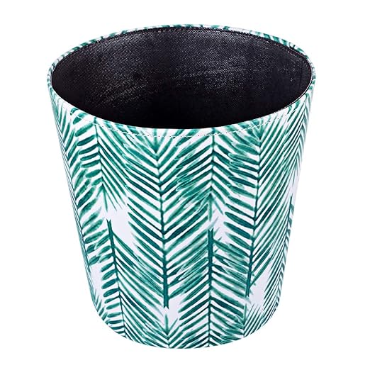 Scakbyer Paper Wastebasket Without Lid PU Leather Round Decorative Trash Bin Garbage Can Dustbin for Hotel Dormitory Kitchen Bedroom Bathroom Office Green Leaves
