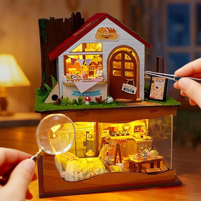 Miniature House Kit, DIY Dollhouse Kits with Lights and Dust Cover, The for Family & Friends, Creative Craft Kit with Two-Story Bakery & Forest Basement