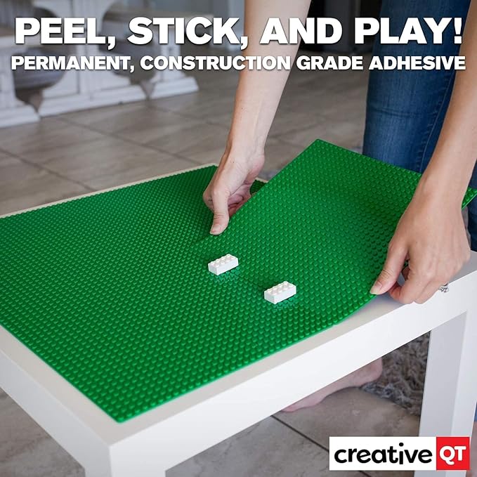 Creative QT Build-on-Wall Peel-and-Stick Baseplates - 10 x 10 in, Green, 4-Pack - Stackable Block Play & Creative Building Toys on Play Tables & Walls - Compatible with All Major Brick Brands