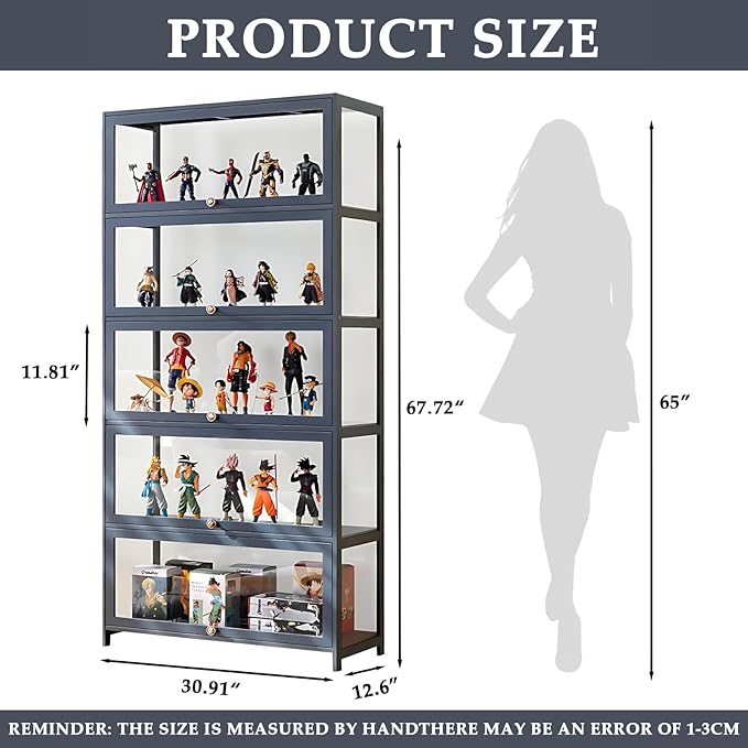 Display Cabinet with Acrylic Doors, 5-Tier Bamboo Curio Display Case for Figures - Display Shelves for Collectibles & Toy Display Cabinet for Home, Office, Playroom, Living Room