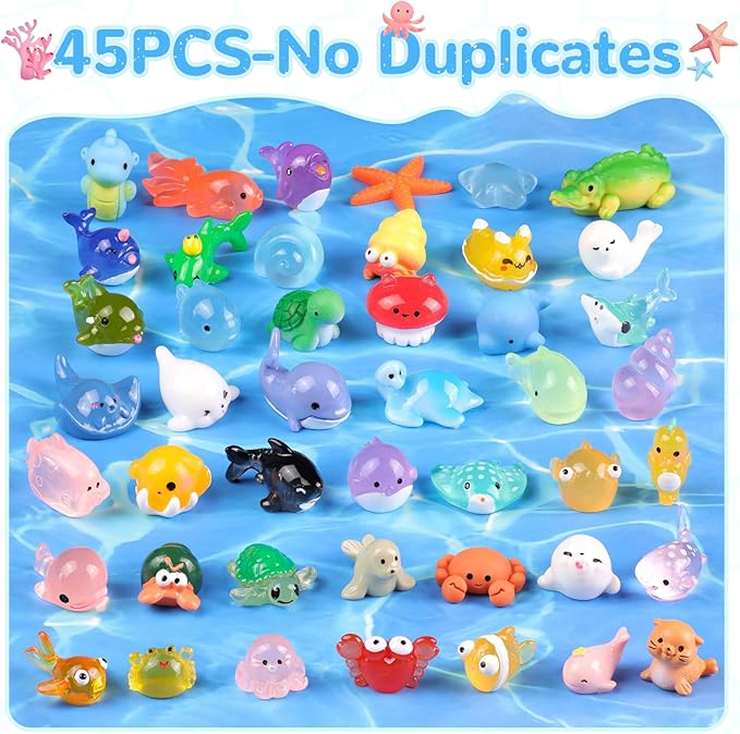 45PCS Mini Resin Animals Tiny Cute Ocean Figurines, Miniature Sea Figures to Hide, Little Animal Small Accessories for Topper Desk Garden Dollhouse Landscape Aquarium Ornaments Crafts & Decor