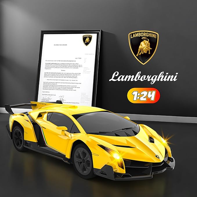 Lamborghini Remote Control Car, Officially Licensed 1:24 Scale 2.4GHz RC Drift Car Toys with Headlight, Lambo Hobby Rc Cars for Boy Girl 4-12 Years Old, Birthday Gift (Yellow