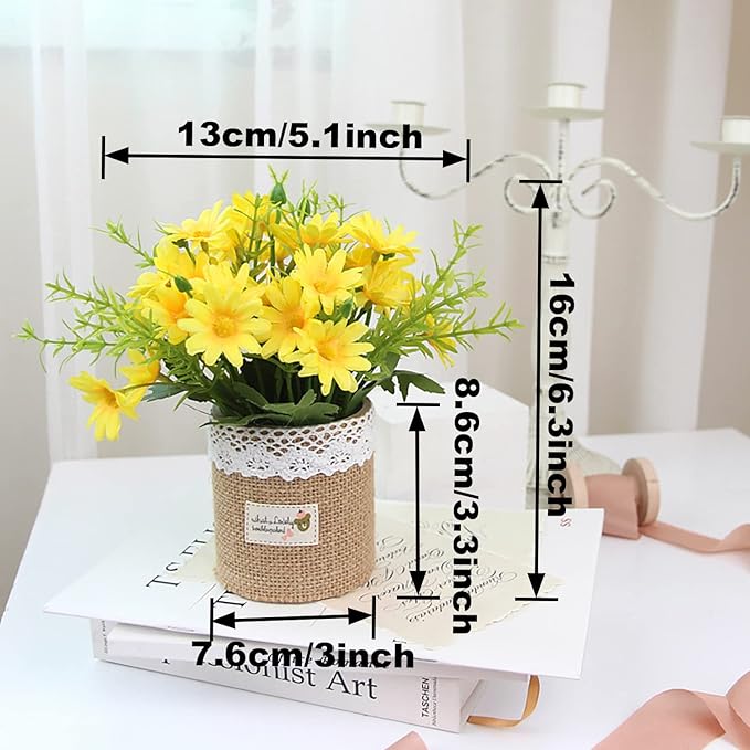 XONOR Artificial Flowers - Set of 4 Mini Fake Potted Silk Daisy Flowers for Home Decor Wedding Office Tabletop Decoration