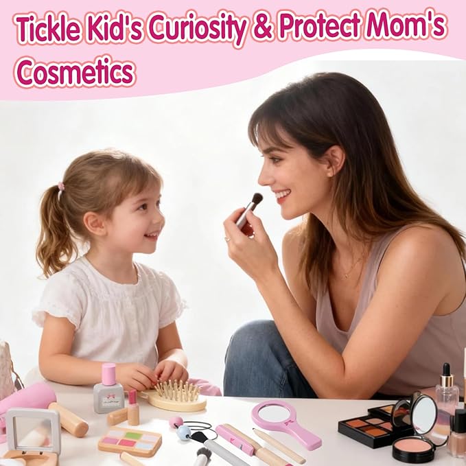 SMARTWO Wooden Makeup Toy Set for Toddler,Kids Pretend Play,Children Role Play Toys,Fake Cosmetics Salon Toys,Princess Dressup Accessories with Bag Birthday Gift for Girls 3 4 5 6