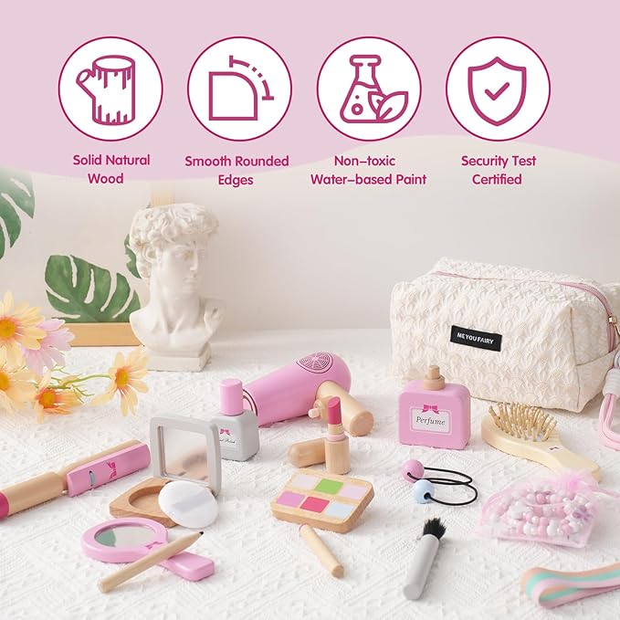 SMARTWO Wooden Makeup Toy Set for Toddler,Kids Pretend Play,Children Role Play Toys,Fake Cosmetics Salon Toys,Princess Dressup Accessories with Bag Birthday Gift for Girls 3 4 5 6