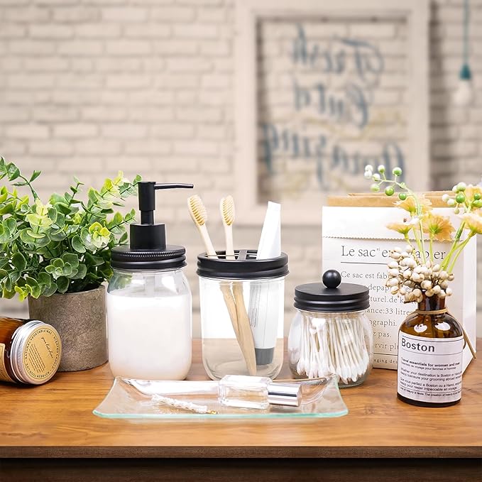 Jenseits Bathroom Accessory Set 4 Pcs - Toothbrush Holder, Lotion Soap Dispenser, Apothecary Jars Qtip Holder, Vanity Tray - Farmhouse Bathroom Accessories, Rustic Home Country Decor (Black)