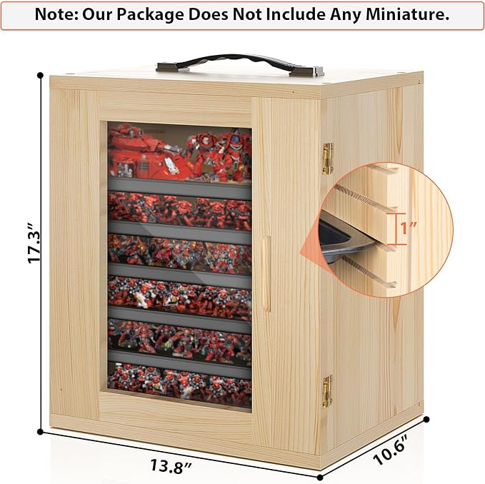 Miniature Storage Case for Collectibles, Miniature Display Cases with Magnetic Door and 6 Trays, Clear View Miniatures Transport Case (Wooden)