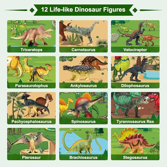 FRUSE Jurassic Dinosaur Toys Figures,12 PCS Realistic Large Dinosaur Figurines with Jumbo Play Mat & Information Dino Book,Educational Dino Figure Playset Cake Topper Decoration for Kids