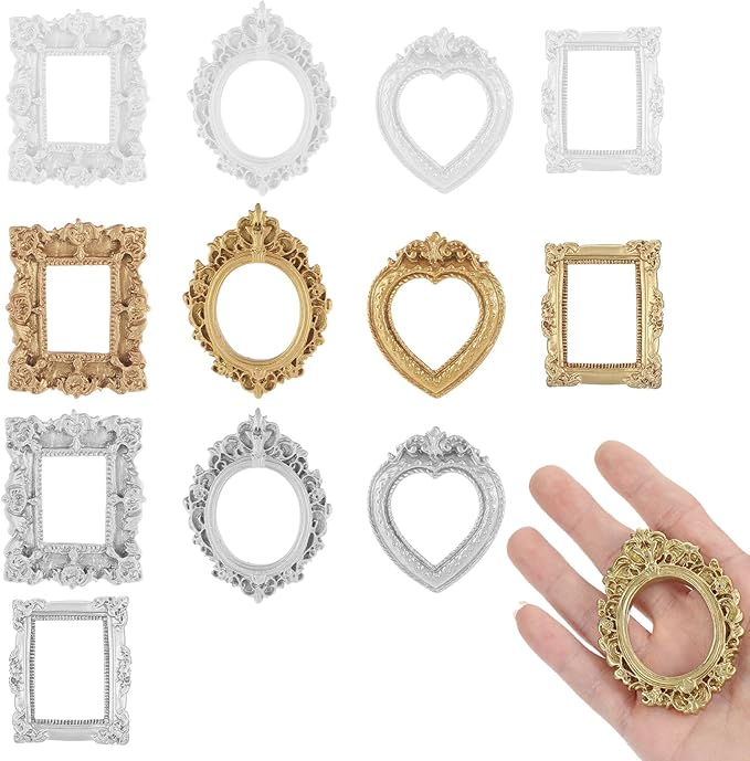 12 Pcs Miniature Dollhouse Accessories Gold Foil Mini Picture Frames Set Dollhouses Ornaments for Crafts Victorian Baroque Style Dollhouse Frames in Gold Silver White for 1/12 Scale Display