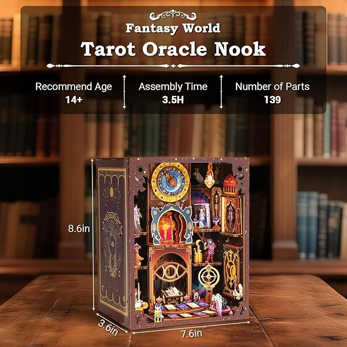 Tarot Book Nook Kit - 3D Wooden Puzzle for Adults, Teens & Beginners, DIY Miniature Bookshelf Insert with LED Light, Mysterious Craft Gift for Family, Friends