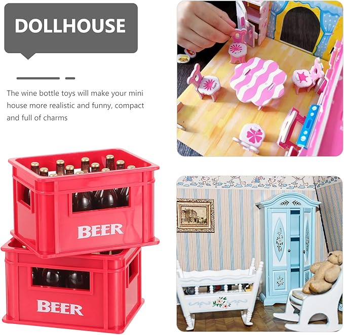 LOGOFUN 4 Pcs Dollhouse Wine Crate Miniature Beer Bottle Model Plastic Wine Basket Wine Bottles Dollhouse Kitchen Accessories Decoration