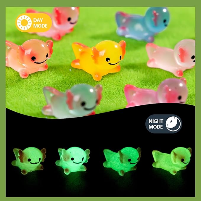 40 Pcs Luminous Mini Resin Axolotl Tiny Animals Miniature Axolotl Figures Glow in The Dark for DIY Garden Dollhouse Axolotl Figurines Accessories Micro Landscape Aquarium Party Decor