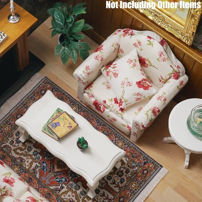 Odoria Dollhouse Armchair Sofa Miniature - 1/12 Scale Accent Chair for Vintage Country Living Room - Mini Club Lounge Chair Wood Furniture Upholstered Floral Red