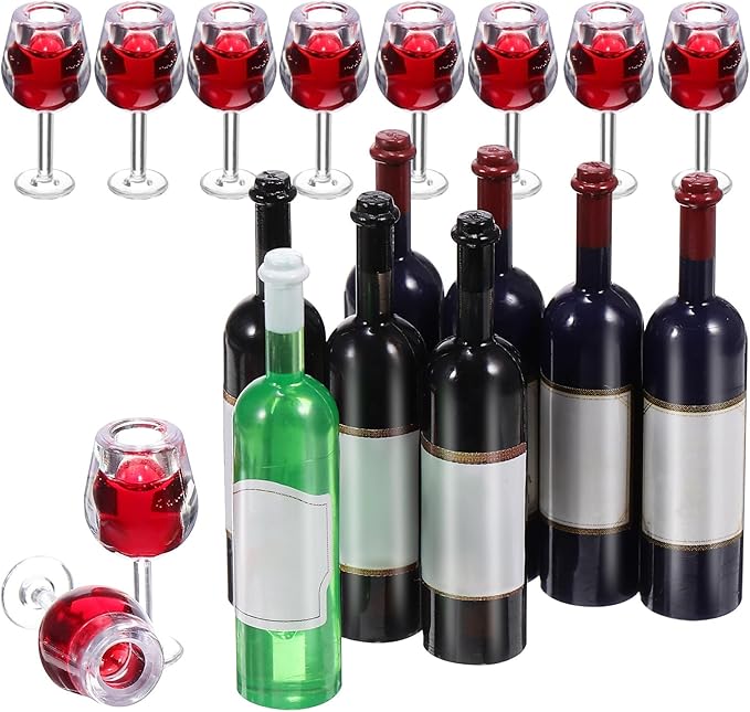 TOYANDONA 18pcs Mini Wine Bottle and Glass Set for Dollhouse – 1:12 Scale Miniature Drink Cups Red Wine Bottles and Cocktail Glasses for Dollhouse Kitchen Bar, Cake Topper Decoration Accessories