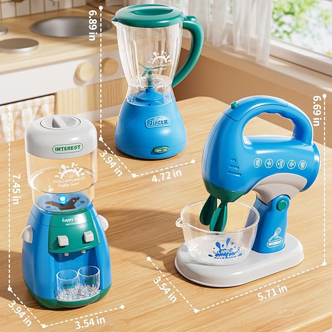 3-in-1 Play Kitchen Appliances Set for Kids, Pretend Play Toys with Blender, Mixers, Water Dispenser, Realistic Sounds & Light, Birthday Gifts for 3-8 Year Old Girl