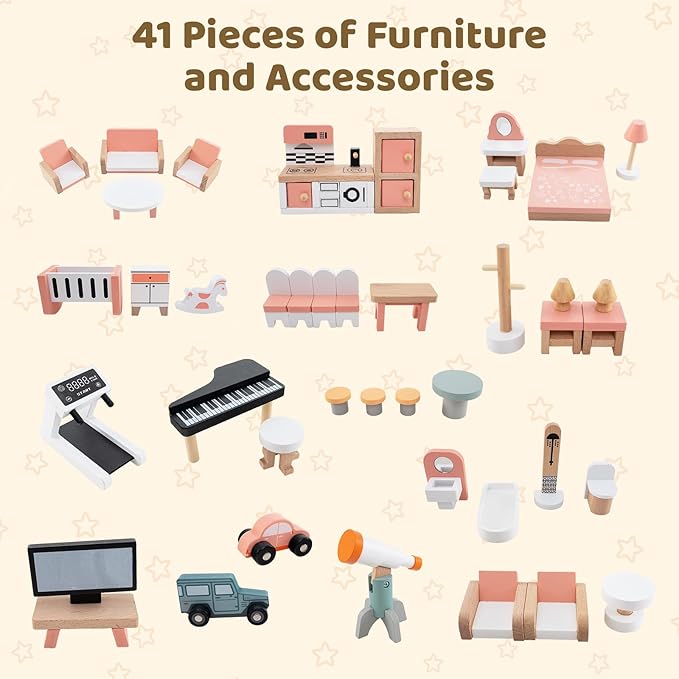 Costzon Wooden Dollhouse for Kids, DIY Pretend Dollhouse Playset w/ 41 Pieces of Furniture & Accessories, 7 Rooms, Balcony Patio & Garage, Corner 3-Story Luxury Doll House, Gift for Kids 3+ Years