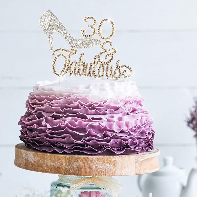 LINGTEER 30 Fabulous High Heel Silver Rhinestone Crystal Cake Topper Perfect for 30th Birthday Anniversary Party Keepsake Sparkle Decoration