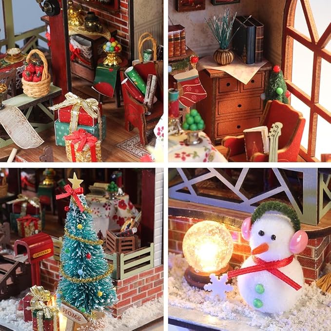 2025 New Christmas Miniature House Kit, DIY Mini Dollhouse Making Kits with Music and Led Light, Tiny House Kit to Build for Adults, Hobby Craft Gift for Christmas Day, Snowy Night
