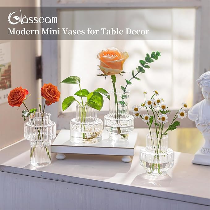 Glasseam Glass Bud Vases for Centerpieces: 16Pcs Small Clear Vase for Flowers Bulk Wedding Table Centerpieces - Modern Mini Decorations for Cute Vintage Home Living Room Decor