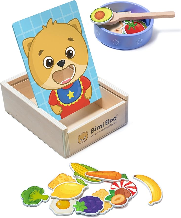 Bimi Boo Wooden Feeding Toy - Montessori Pretend Play Food Set for Toddlers 1-4+ - Fine Motor Skills Scooping Toy for Kids (27 Various Foods, a Spoon, Bowl)