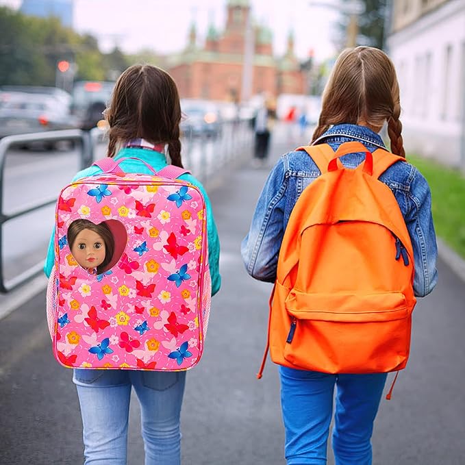 ZITA ELEMENT 18 Inch Girl Doll Backpack Butterfly Design Carrier Bag with Clothes and Accessories Including 18 Inch Dolls Clothes, Shoes, Sunglasses and Toy Dog
