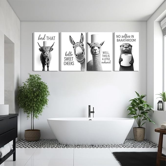 Funny Bathroom Wall Art Set of 4 Black and White Bathroom Wall Decor Toilet Paper Pictures Cute Humorous Animal Posters Prints Toilet Signs Painting Artwork Decoration 8x10in