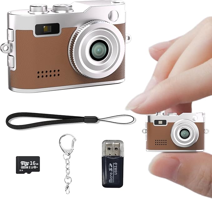 Mini Keychain Camera, 1080P Video Recorder, 0.96'' Display 12MP Retro Compact Tiny with 16GB SD Card, USB Adapt, 200mAh Battery, Lenane Digital Camera for Kids, Students, Travel, Daily (Brown)