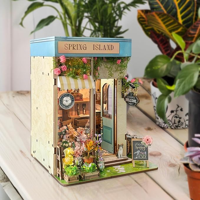 DIY Book Nook Kit, Miniature Bookshelf Decor with LED Lights, Laser-Cut Wooden Craft Set for Adults, Creative Gift for Christmas, Birthday, Spring Island