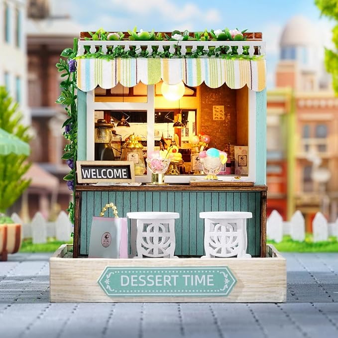 TuKIIE DIY Miniature Dollhouse Kit with Furniture, 1:24 Scale Creative Room Mini Wooden Christmas Doll House Plus Dust Proof for Kids Teens Adults(Dessert Time)