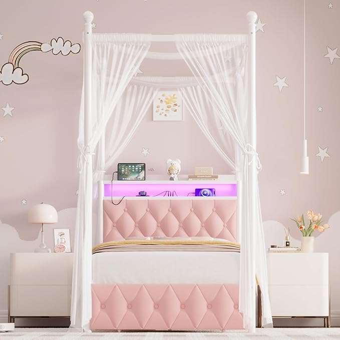 HIFIT Set of 2 Girls Twin Upholstered LED Canopy Bed Frame with Charging Station & Storage Drawer, Button Tufted Storage Headboard w/Bookshelf, Two-Use Kids Platform Bed frame w/4 Removable Post, Pink
