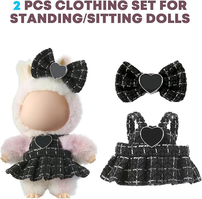 Clothes for LABUBU Doll (NO Doll), Luxury Chic Style 2-Piece Accessories for LABUBU 17cm Dolls, Premium Fashion Outfit - Bow Headdress + Plaid Tweed Dress (Black)