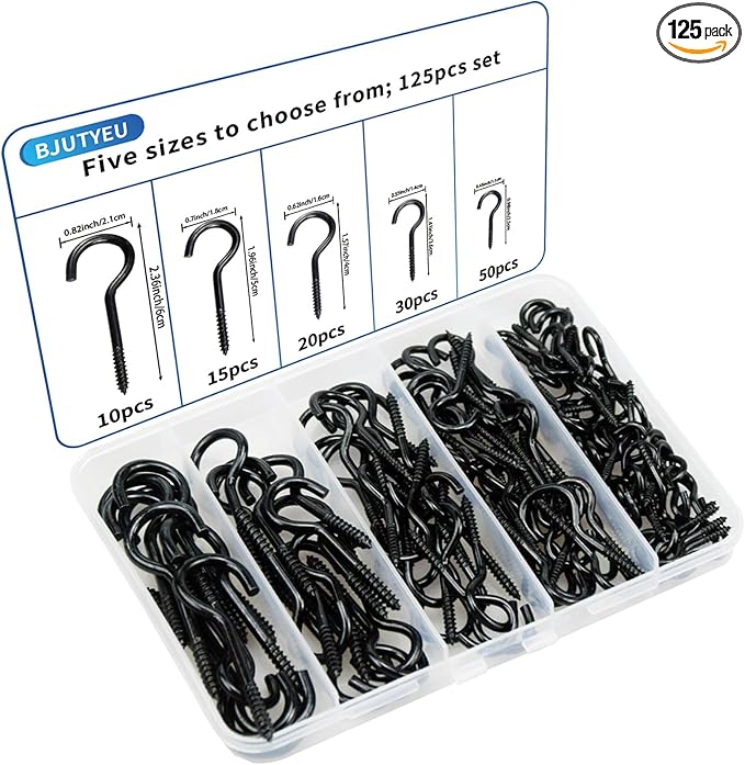 BJUTYEU 125 Pieces of Screw Cup Hook Set 5 Sizes Ceiling Small Hooks Wardrobe Decoration Hanging Accessories for Hanging Outdoor or Indoor use (0.98" 1.41" 1.57" 1.96" 2.36") (Black)