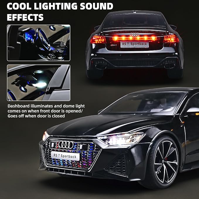Model Car Kits for Adult 1/18 Diecast Cars Compatible with Audi RS7 Sportback Car Collection,Remote Control Key Version Metal Toy Cars with Lights and Sounds,Toy Cars for Boys Age 4-7（Black）