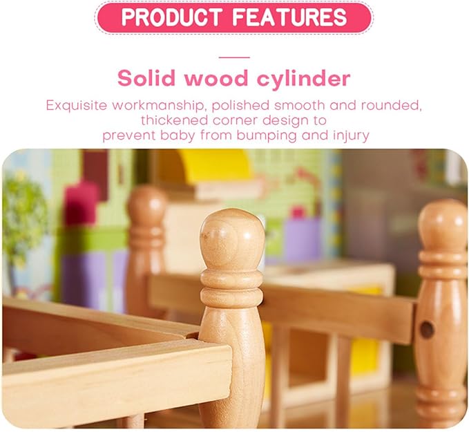 3 Story Wooden Doll Cottage with Balcony, Stairs & 14 Furniture Accessories | Large Multi-Level Dollhouse Playhouse for 5 Inch Dolls | Creative Educational Toy for Boys & Girls Ages 3+