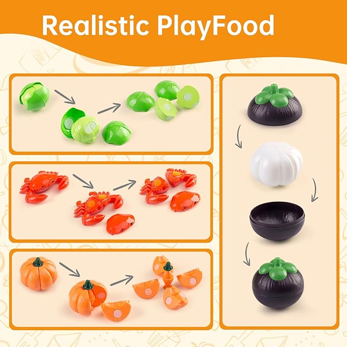 240Pcs Kids Mini Play Kitchen Accessories, Play Pans, Pots, Cookware with Desserts, Cuttable Veggies & BBQ Set & Storage Basket, Prop Money, Learning Gift for Child，Toddlers, Child, Pink