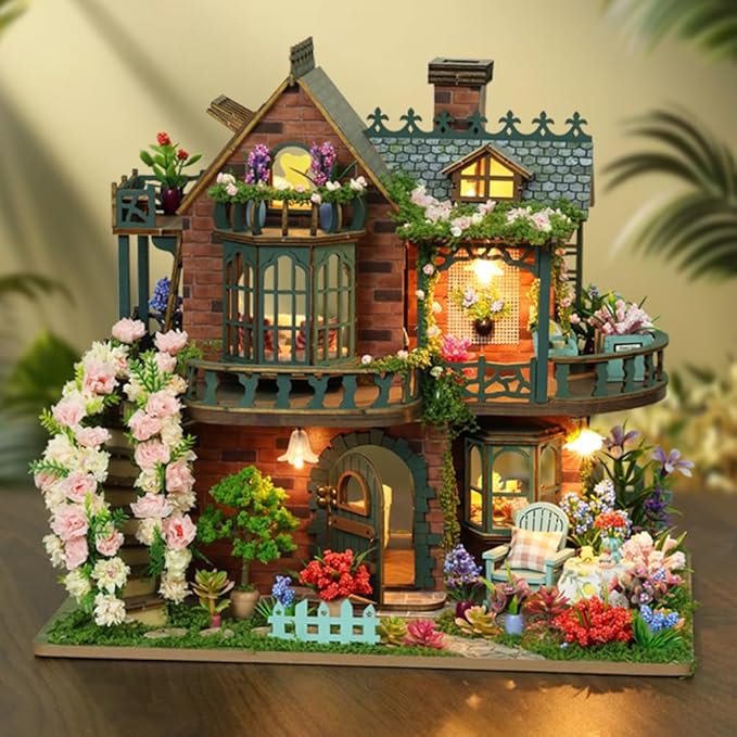 DIY Miniature Dollhouse Kit Dollhouse Handcrafted Wooden Miniature House with LED Light for Adults Unique Gifts for Teens (Fairy Garden)