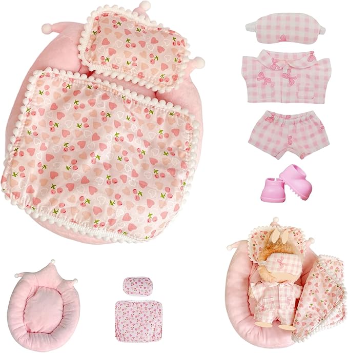 Girl's Doll Bedding & Pajama Set, 7-Piece Plush Doll Bed with Cherry Print Comforter Pillow and Bow Pajamas with Eye Mask Accessories for 17cm Dolls