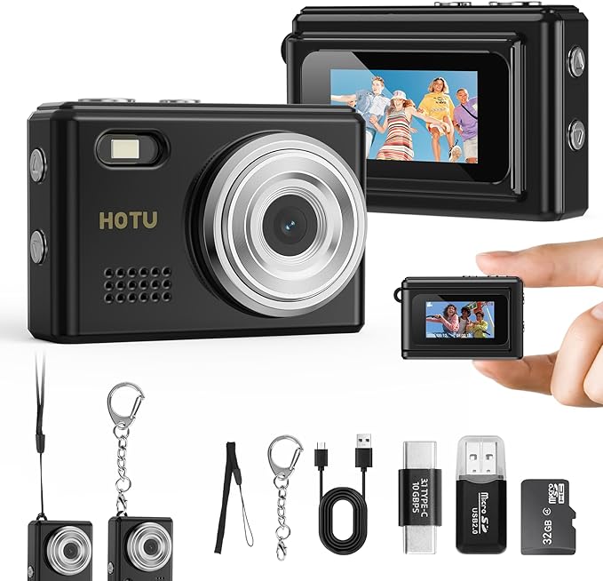 HOTU Mini Keychain Digital Camera, Y2K Pocket-Size Mini Camera, 2MP 1080P Small Camera with 32GB Card, Video Recorder with Long Battery Life for Travel, Party and Vlog (Black)