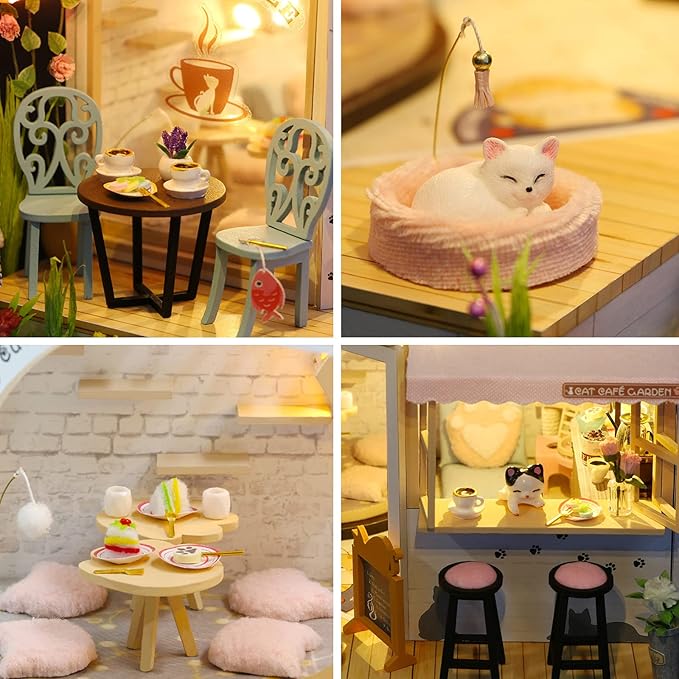 GuDoQi DIY Miniature Dollhouse Kit, Tiny House kit with Music, Miniature House Kit 1:24 Scale, Great Handmade Crafts Gift for Christmas Day Birthday Christmas Day,Lovely Cats' Coffee Shop