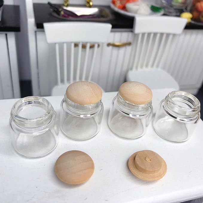8Pcs Mini Glass Jars 1:6 & 1:12 Scale Glass Bottles Dollhouse Miniatures, 0.79x0.39 Inch Mini Food Containers Empty with Lid for Dollhouse Kitchen Restaurant Scene